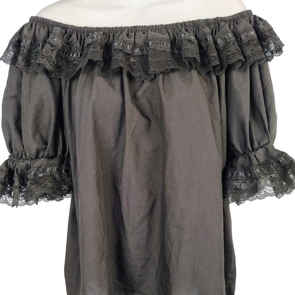 Womens SZ XL Off Shoulder Lace Trim Ruffle Blouse Black Goth Victorian Steampunk